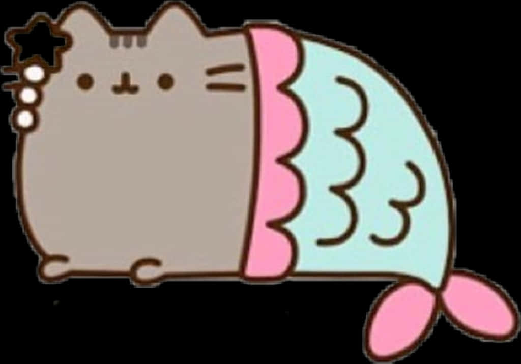Pusheen 海綿貓咪 壁紙 — 一隻可愛的胖貓，有淺藍色美人魚尾巴和粉紅色扇貝邊緣，背景為黑色。