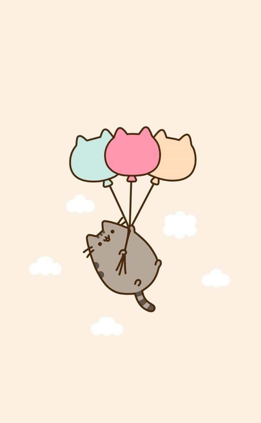 Pusheen 貓與氣球 - Girly Tumblr 風格 壁紙 — 一隻可愛的灰色貓咪輕輕漂浮在粉彩色的天空中，拿著三個貓形氣球，下方有蓬鬆的雲朵。