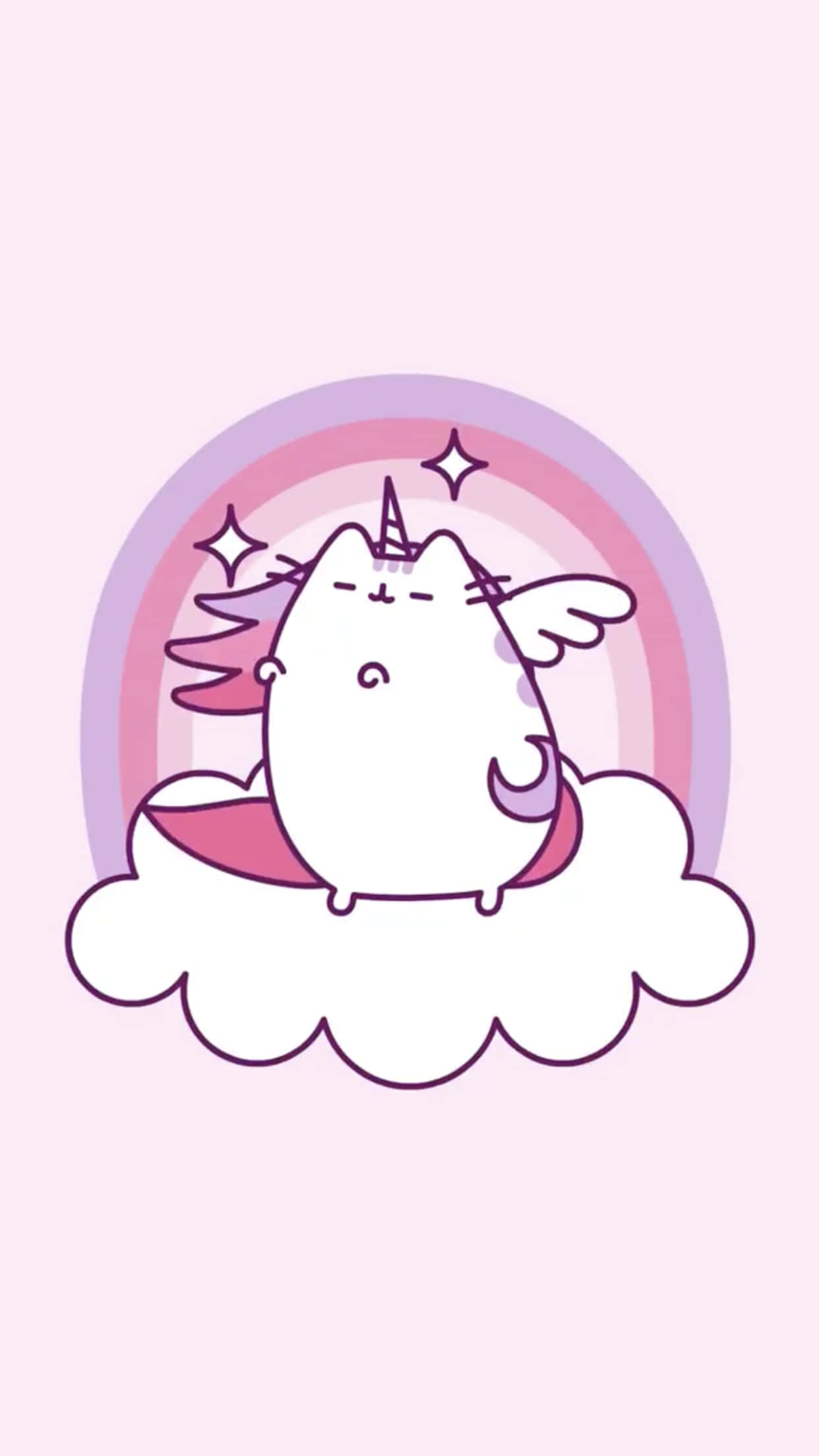 雲端上的粉紫彩虹Pusheen Kawaii 壁紙 — 一隻可愛的白貓，有翅膀和角，在雲上放鬆，身後有粉彩彩虹和閃光。