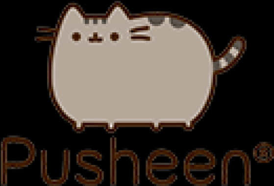 Pusheen貓咪標誌 壁紙 — 一隻帶有灰色斑點和棕色輪廓的像素藝術貓站在黑色背景上，下方有Pusheen字樣。