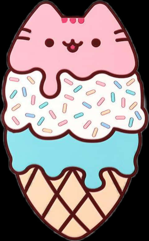 Pusheen 冰淇淋甜筒 壁紙 — 一個可愛的粉紅色貓角色，面帶微笑，形狀像一個正在融化的冰淇淋甜筒，上面有彩色糖粒。