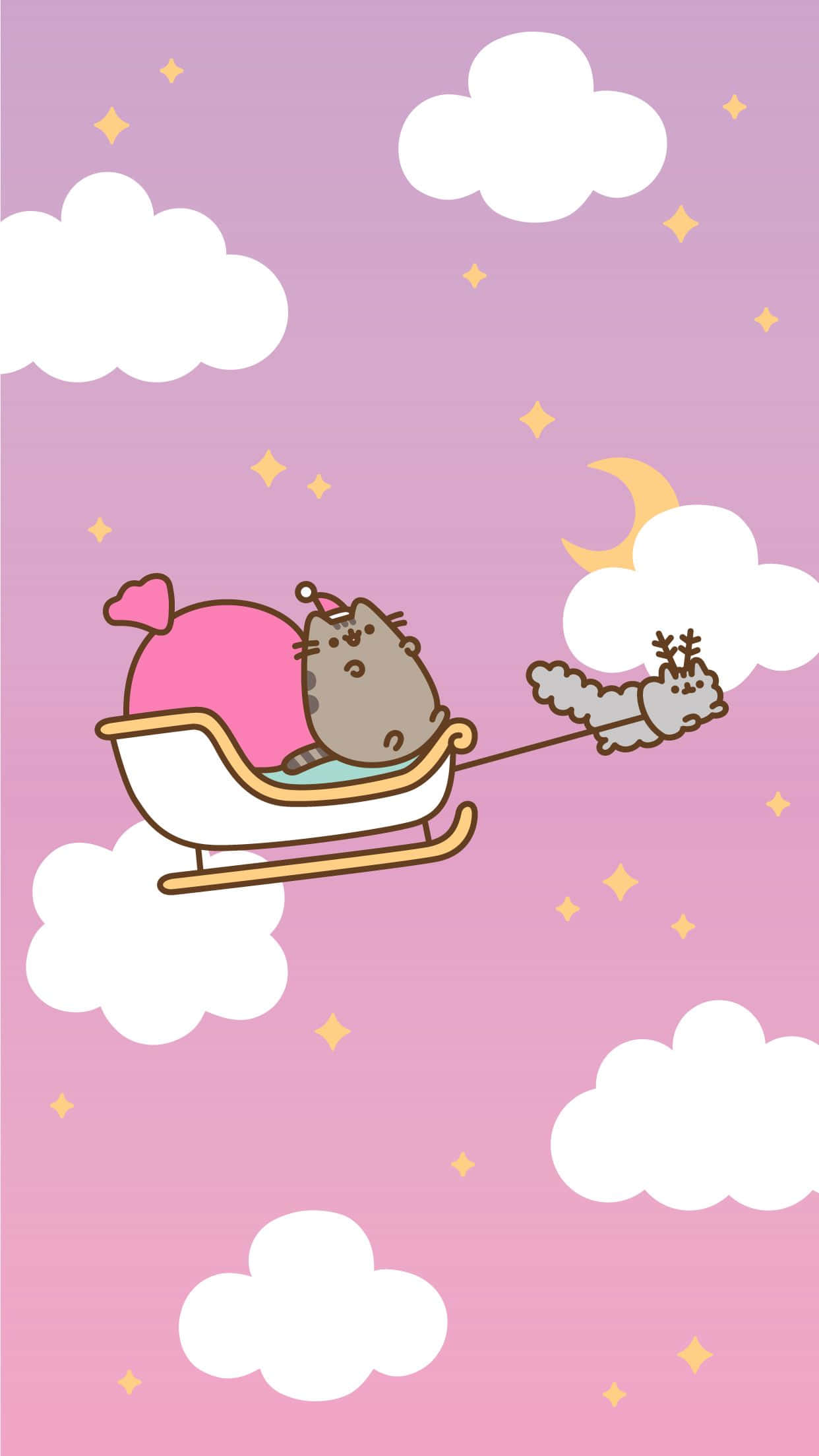 Pusheen 可愛聖誕老人造型 壁紙 — Pusheen 貓咪乘坐由馴鹿拉著的雪橇，穿越有雲朵和星星的粉紅色天空。