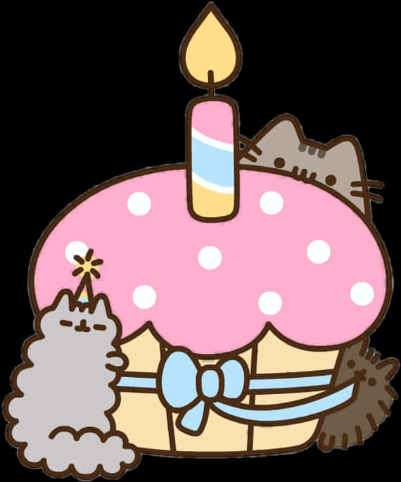 Pusheen貓生日蛋糕慶祝 壁紙 — 三隻可愛的貓咪圍著一個粉紅色圓點紙杯蛋糕慶祝，蛋糕上有一根點燃的蠟燭。