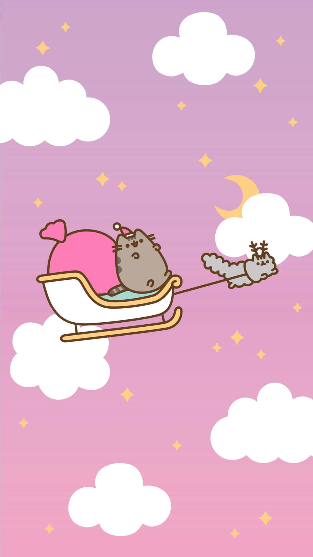 Pusheen 貓咪在由馴鹿拉著的雪橇上，飛越粉紅色的夜空。
