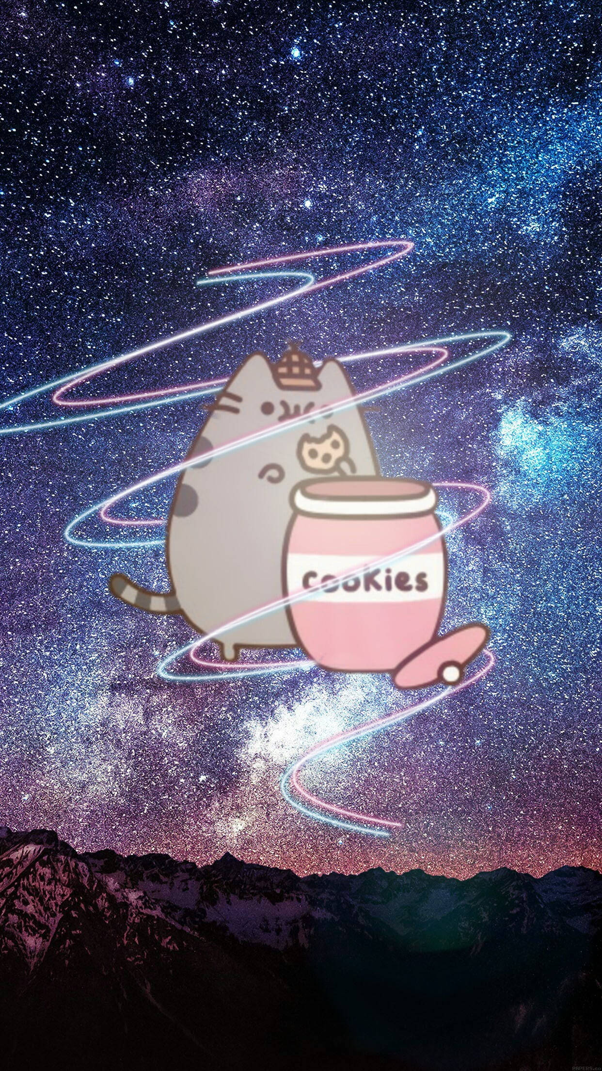 Pusheen 星際主題 Picsart 壁紙 — 一隻卡通貓拿著餅乾罐漂浮在發光的霓虹環之間，背景是雪山之上的星空宇宙天空。