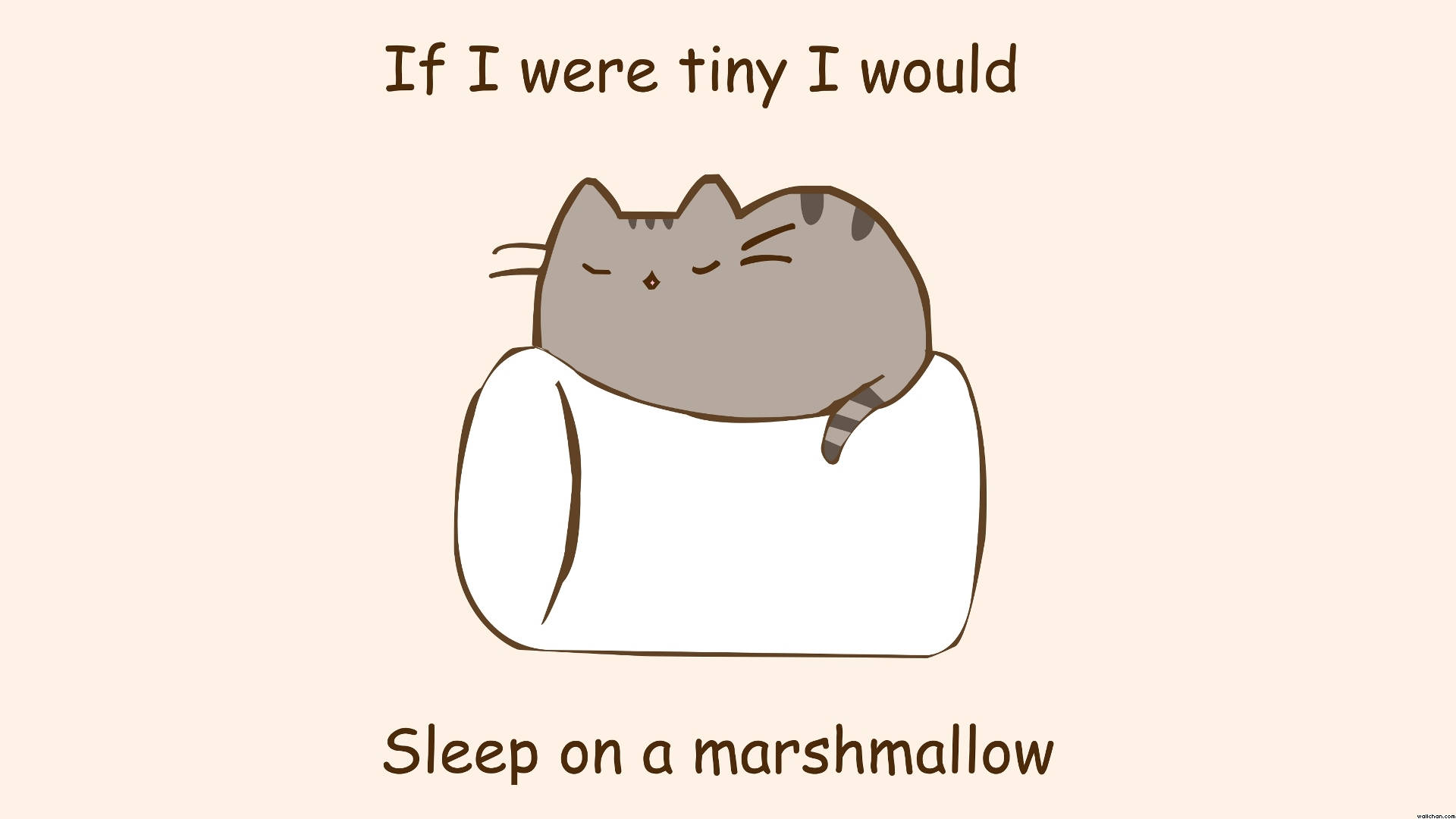 Pusheen 睡在棉花糖上 壁紙 — 一隻可愛的卡通貓閉著眼睛，舒適地躺在一塊巨大的白色棉花糖上，背景是柔和的米色。