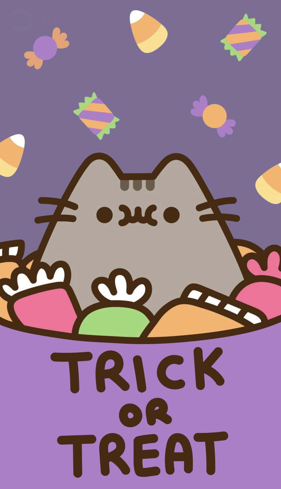 Kawaii Pusheen 桌布 壁紙 — Pusheen 貓咪從一堆色彩繽紛的萬聖節糖果上方探出頭來，下方有「Trick or Treat」文字。
