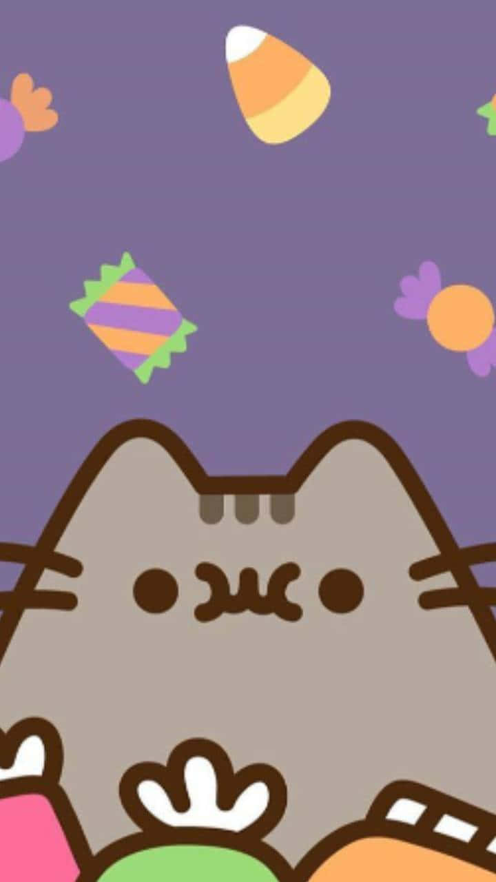 Cute Pusheen 桌布 壁紙 — Pusheen 貓咪從色彩繽紛的糖果後面探出頭來，背景是紫色萬聖節主題。