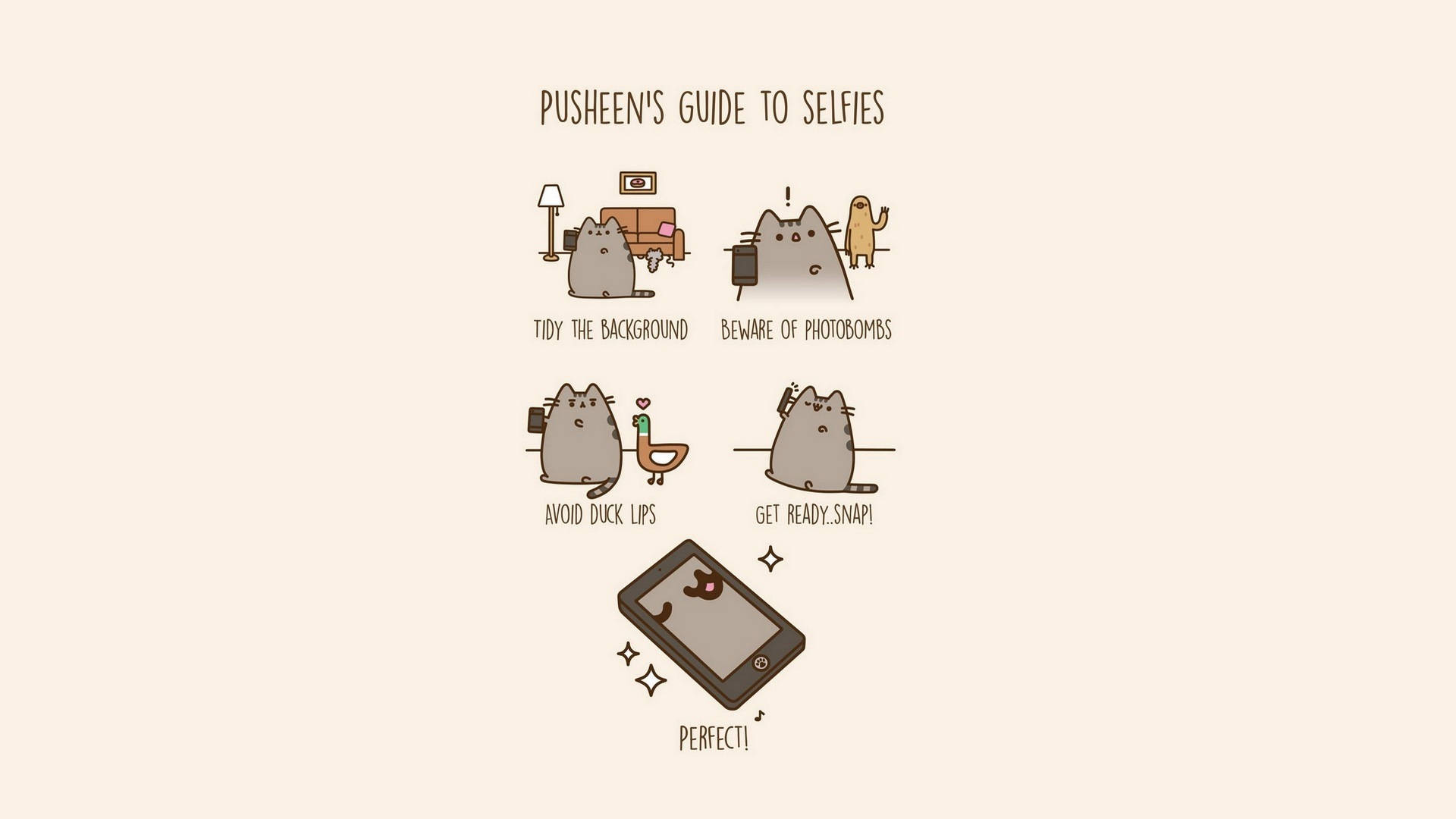 Pusheen 貓咪提供自拍提示，如整潔背景和小心 photobomb。