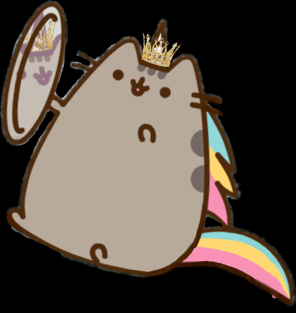 Pusheenicorn戴皇冠照鏡子 壁紙 — 一隻可愛的卡通貓，戴著金色皇冠和彩虹尾巴，拿著一面鏡子，鏡中映出它自己的倒影。