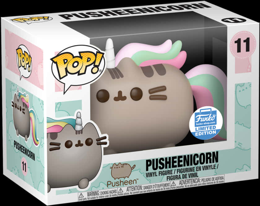 Pusheenicorn Funko Pop限量版 壁紙 — 一隻灰色Pusheen貓咪乙烯基公仔，帶有彩虹鬃毛和白色角，坐在標有Pusheenicorn的Funko Pop!盒子裡。