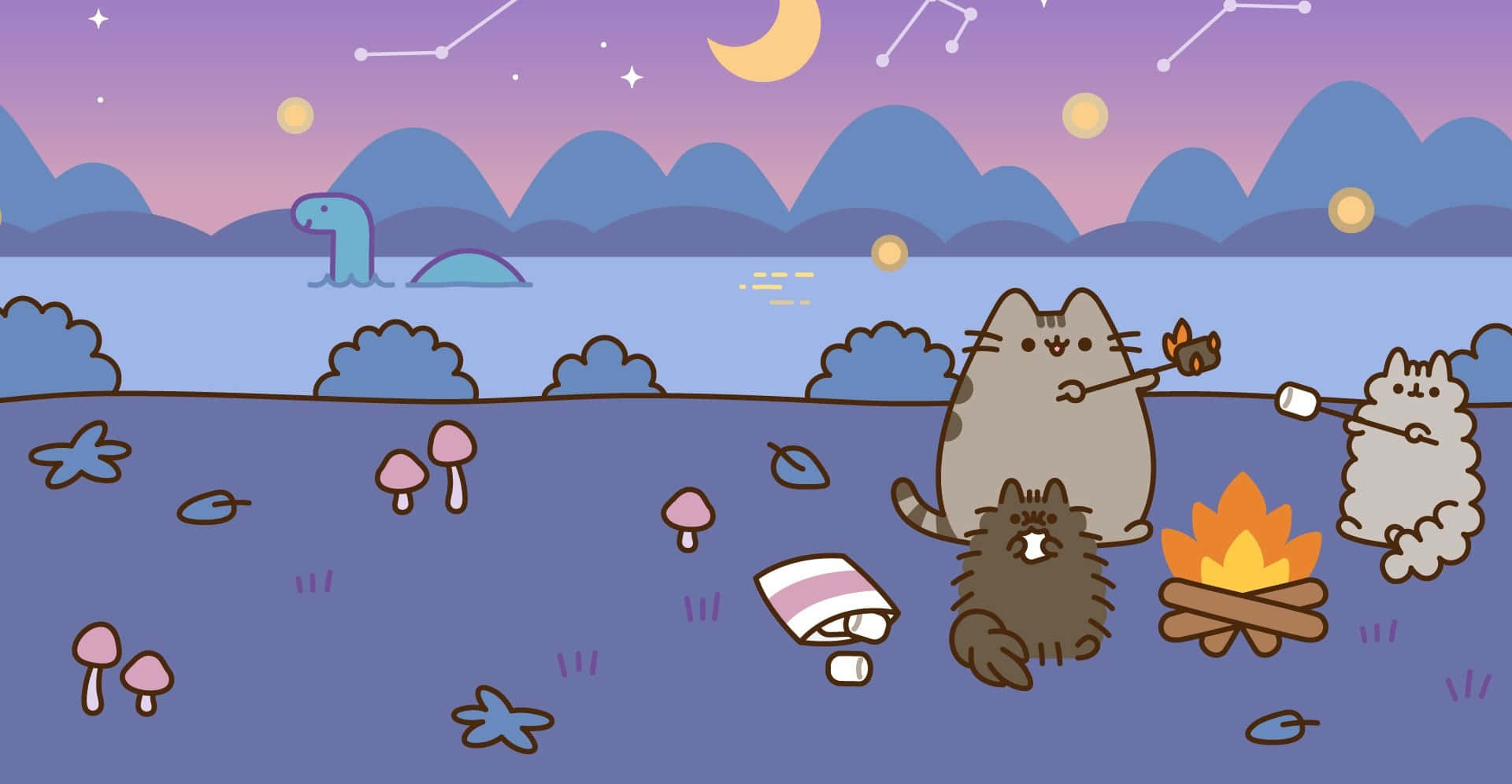 三隻卡通貓喺星空下嘅營火旁烤棉花糖。