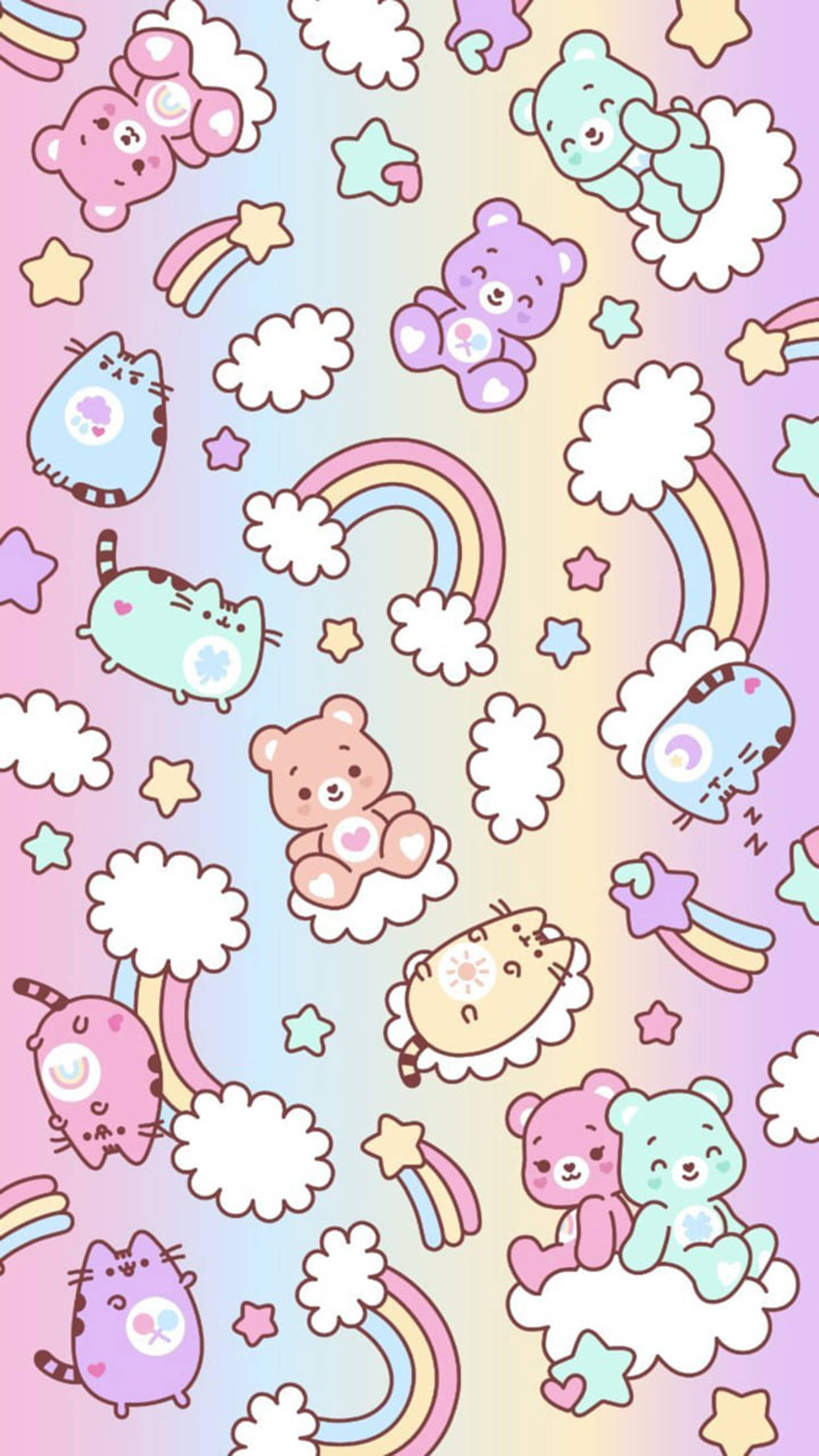 Pusheen與Carebears可愛柔和色調 壁紙 — 粉彩色的卡通熊和貓在雲上漂浮，伴隨著彩虹和星星，背景是漸變的天空。