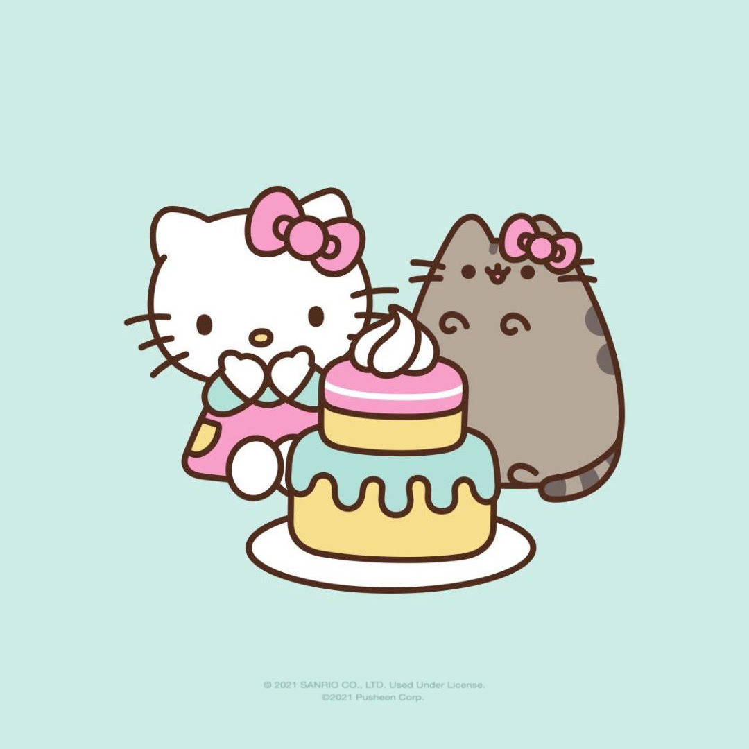 Pusheen與Hello Kitty頭像 壁紙 — Hello Kitty 和 Pusheen 坐在一個色彩繽紛的層層蛋糕旁邊，蛋糕上有粉紅色和藍色的糖霜，背景是柔和的薄荷色。