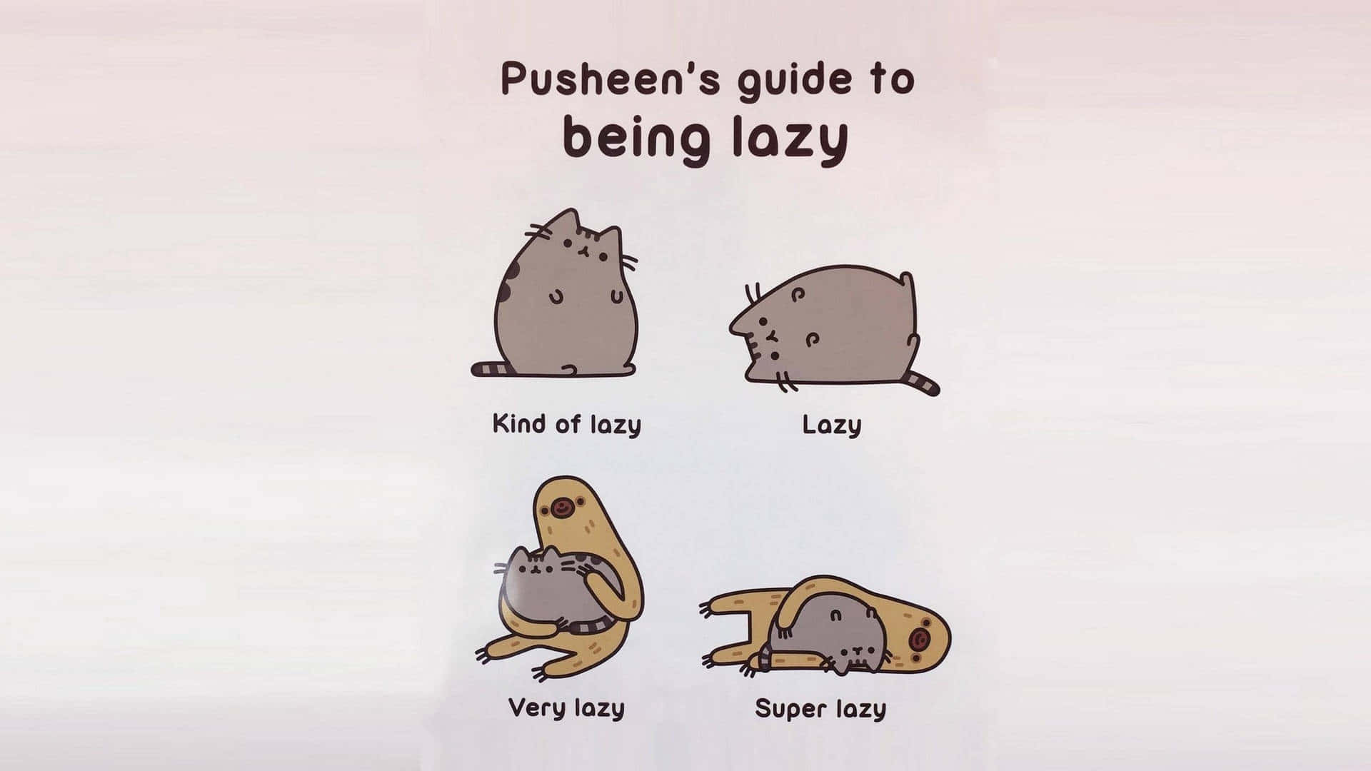 Pusheen 貓咪以四個逐漸更懶散的姿勢配上標籤。
