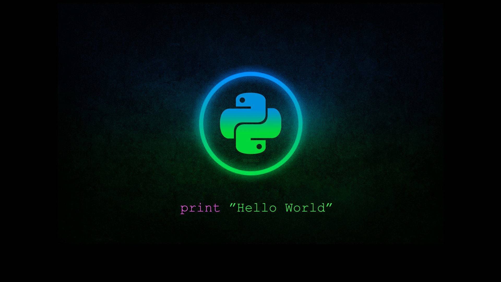 Python標誌，帶有發光霓虹圓圈和print Hello World文字，在深色背景上。 — 程式碼 壁紙