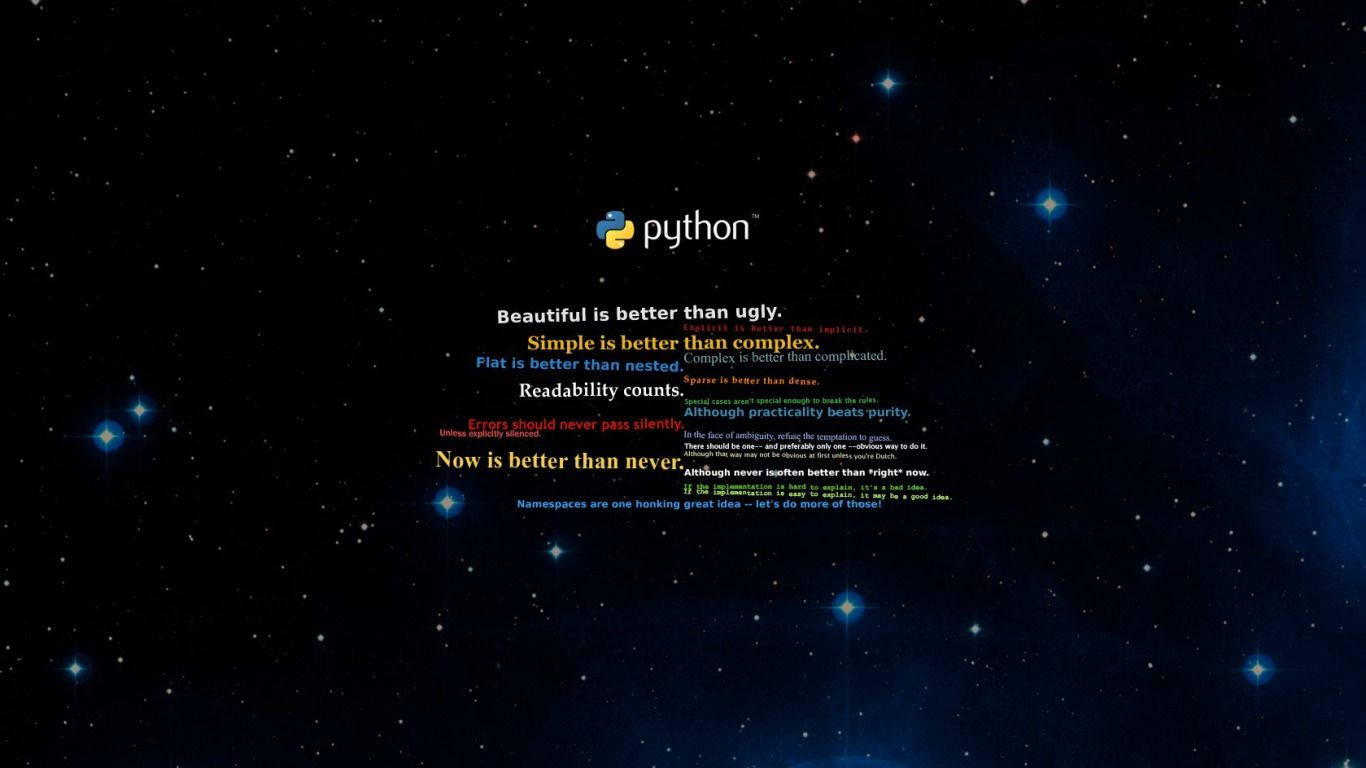 在繁星點點的夜空背景下顯示的 Python 程式設計原則。