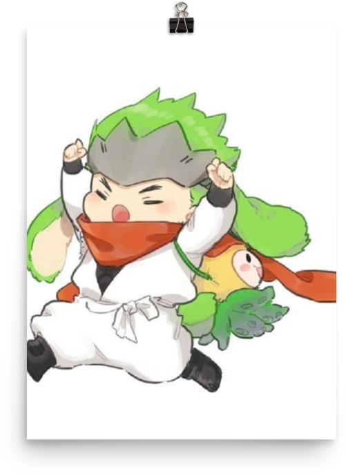 Q版 勝負之神 慶祝 壁紙 — 一個Q版動漫角色，綠色頭髮，紅色圍巾，旁邊有一隻黃色小生物，充滿活力地擺姿勢。