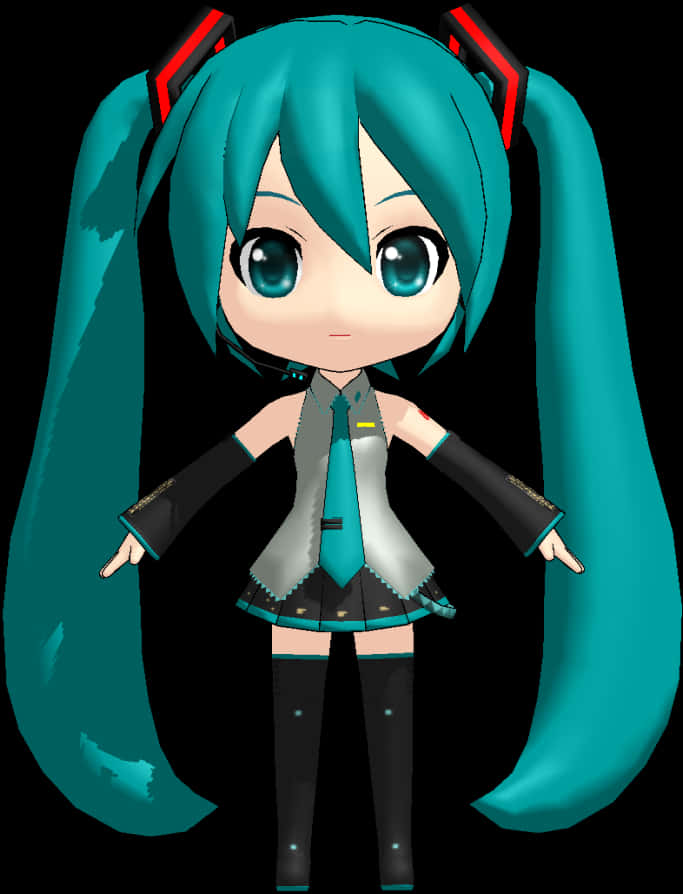初音未來Q版插畫 壁紙 — 青綠色雙馬尾、發光眼睛的Q版動畫女孩，穿著未來風格服裝，站在黑色背景前。