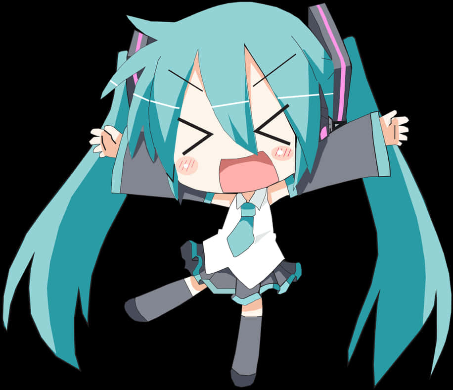初音未來慶祝Q版 壁紙 — 一個擁有藍綠色頭髮和耳機的Q版動漫女孩在黑色背景前熱情地歡呼。