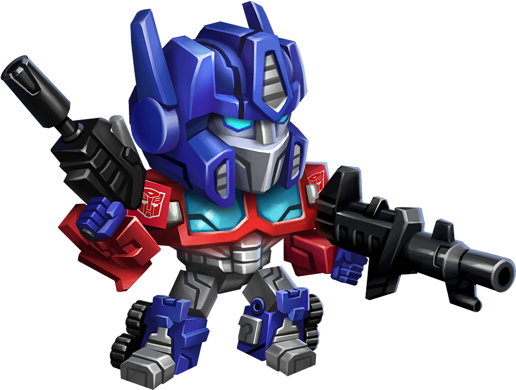 Q版擎天柱持槍造型 壁紙 — Chibi Optimus Prime 以像素藝術風格英雄式地站立，手持兩把槍，背景為黑色。