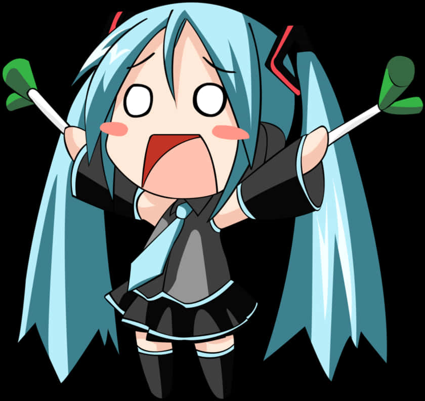 Q版初音未來歡呼向量圖 壁紙 — 一個有青綠色雙馬尾的Q版動漫女孩，在黑色背景前以驚訝姿勢拿著兩個飛鏢。