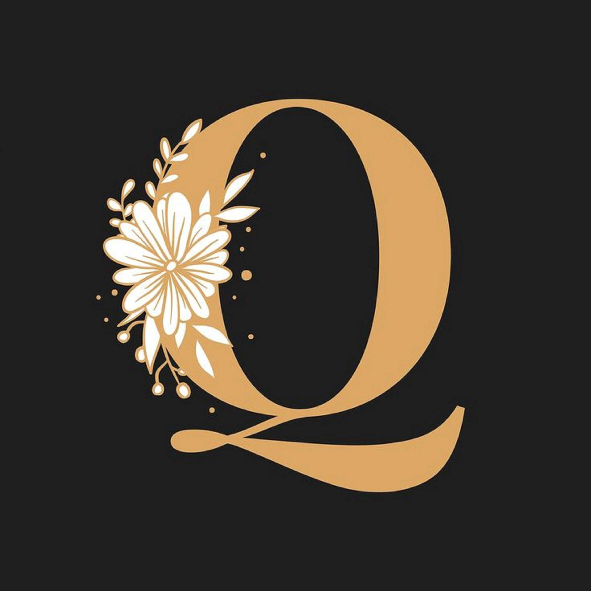 字母Q美學風格 壁紙 — 金色字母Q，黑色背景上飾有白色花卉圖案。