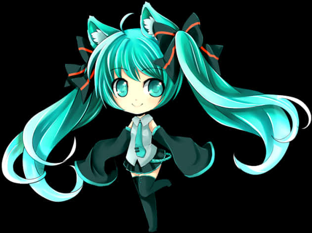 初音未來Q版角色 壁紙 — 一個擁有綠松石色頭髮、貓耳和蝴蝶結的Q版動漫女孩在黑色背景前開心地擺姿勢。