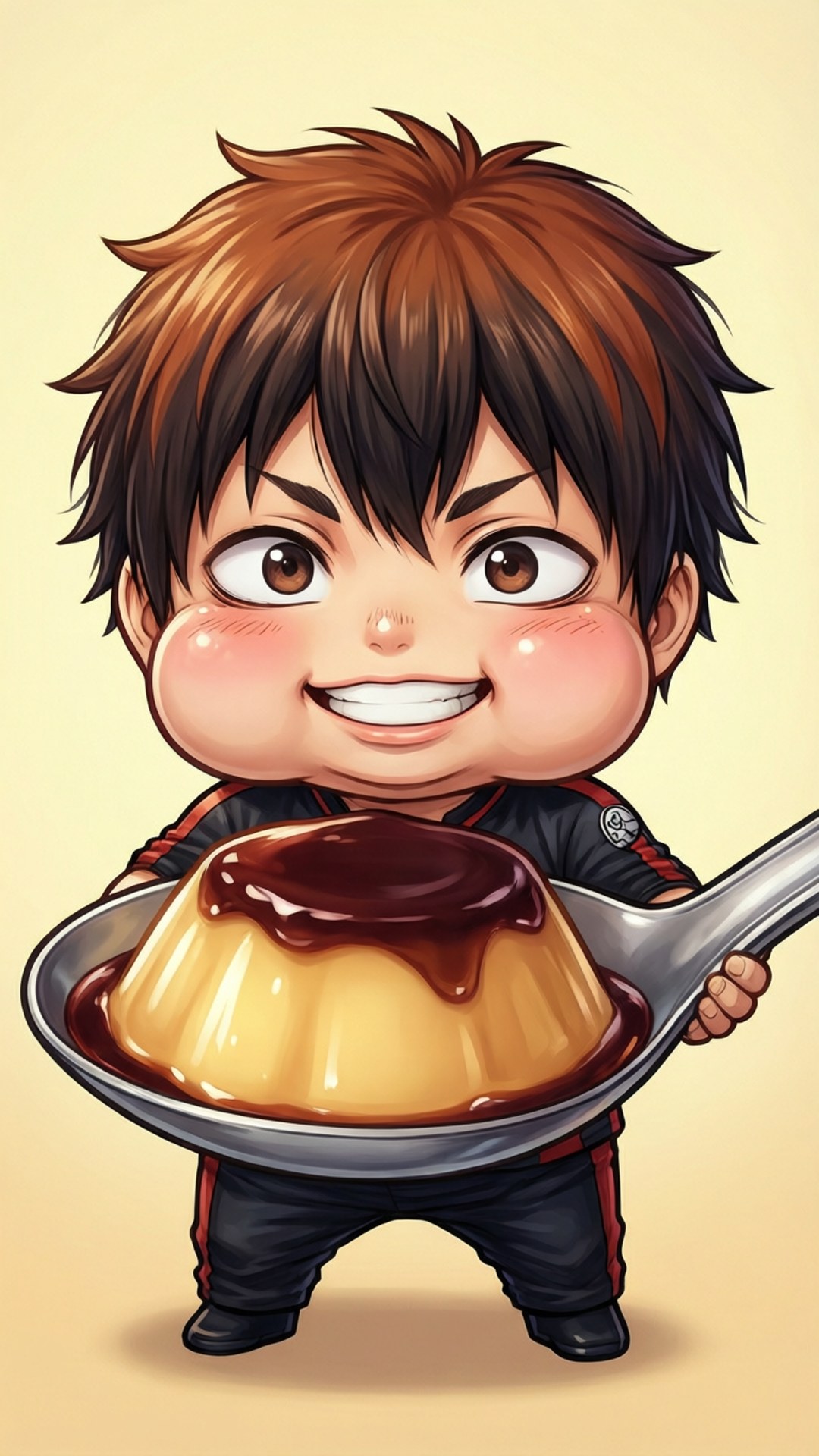 Pudding Lover 壁紙 — 一個棕色頭髮的Q版動畫男孩自豪地拿著一大匙焦糖布丁甜品，笑容燦爛。