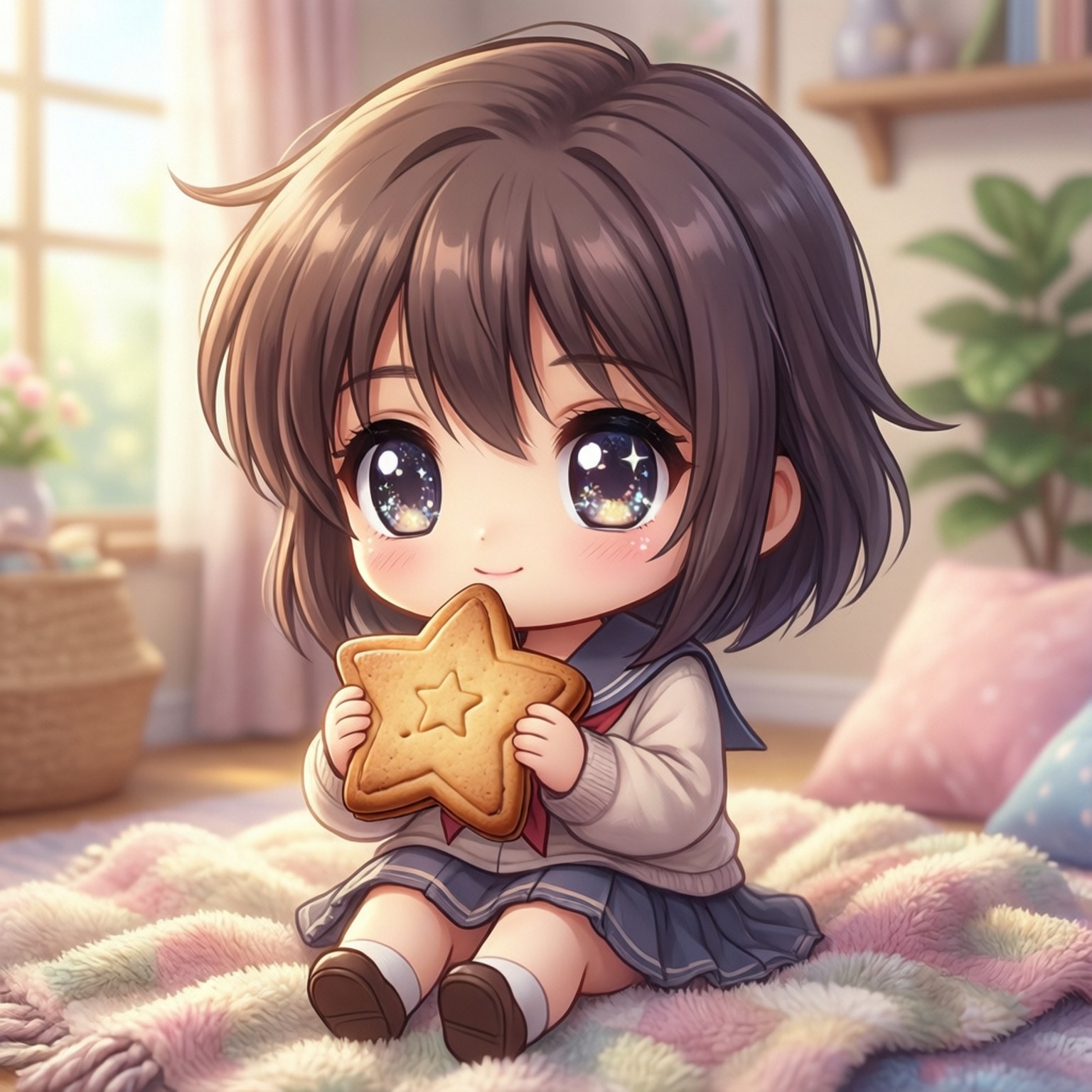 宇緒的星星餅乾喜悅 壁紙 — 一位擁有閃亮眼睛的Q版動漫女孩坐在柔軟的地毯上，在陽光明媚的房間裡拿著一顆星形餅乾。