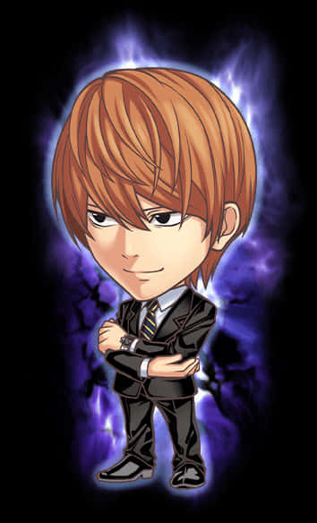 帶有氣場的Q版夜神月 壁紙 — Chibi 動畫男孩，棕色頭髮，穿著西裝，自信地站在發光的紫色閃電背景前。