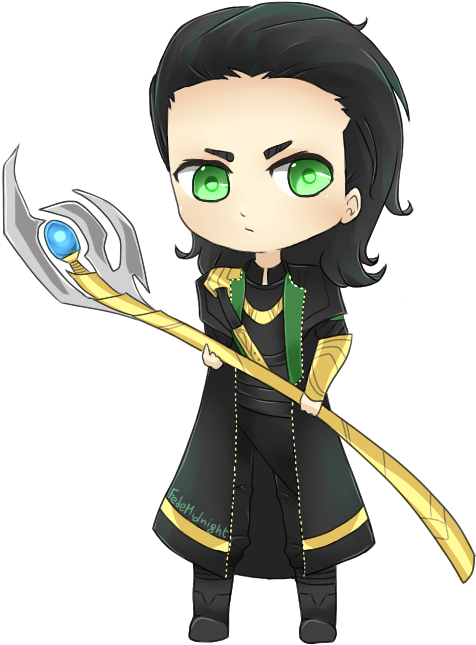 Q版洛基持權杖插畫 壁紙 — Chibi Loki 有綠色眼睛和黑色頭髮，在黑色背景上拿著帶有藍色球體的金色權杖。