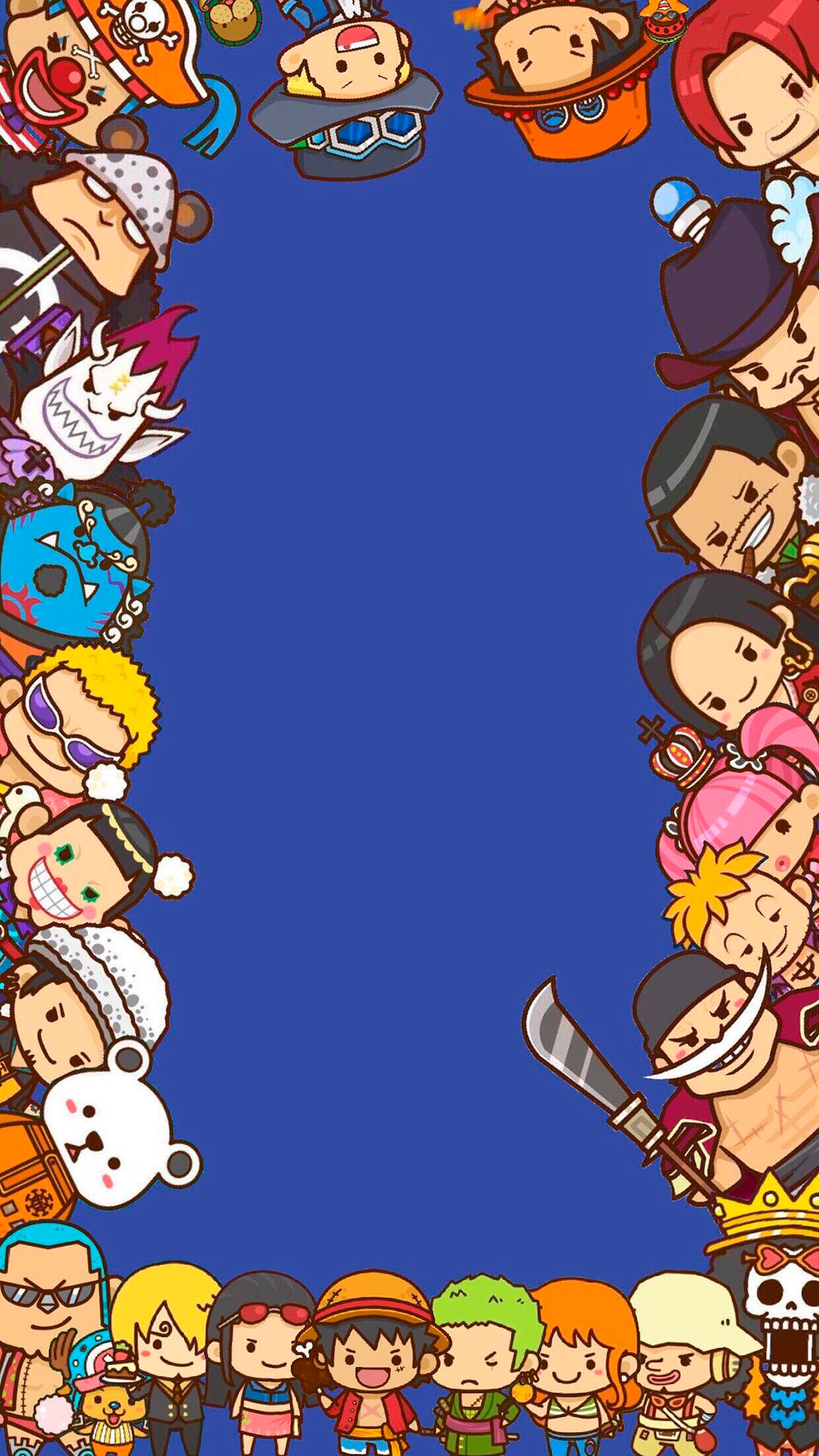 Q版《海賊王》美學 壁紙 — 來自《One Piece》的Q版動畫角色以俏皮表情和海盜主題配件框住藍色背景。