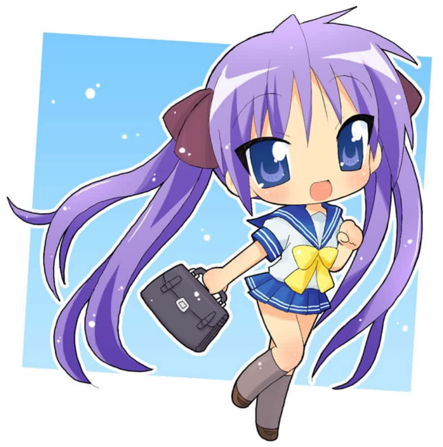 用這個可愛Q版傳遞愛意！ 壁紙 — 一個開心的紫髮藍眼水手服chibi動漫女孩，在淺藍色背景前拿著公事包。