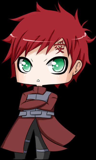 Q 版我愛羅 動畫角色 壁紙 — Chibi動漫男孩，紅色刺蝟頭，綠色眼睛，額頭有封印，雙手交叉站立在黑色背景前。