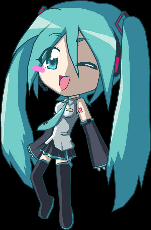 初音未來眨眼Q版 壁紙 — 黑背景前，青綠色孖辮的Q版動畫女孩愉快地眨眼。