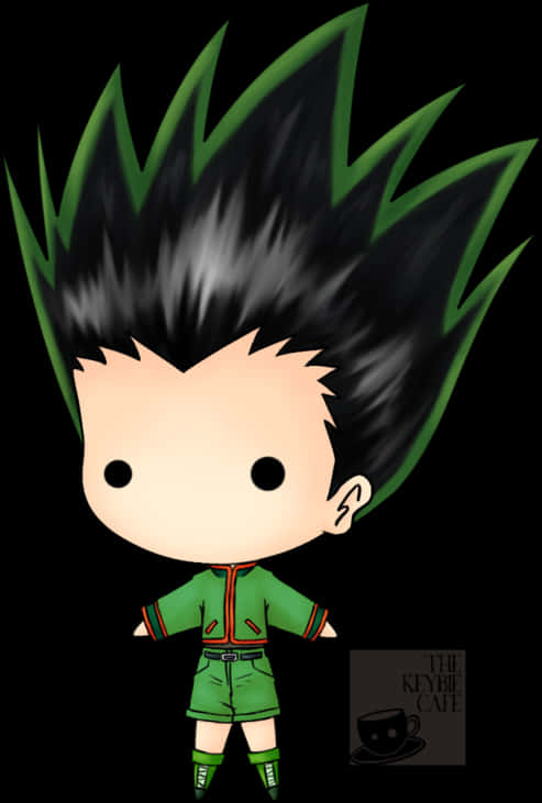 Q版 Gon 原創插畫 壁紙 — Chibi動漫角色，擁有刺狀黑色和綠色頭髮，穿著綠色服裝，背景為黑色。