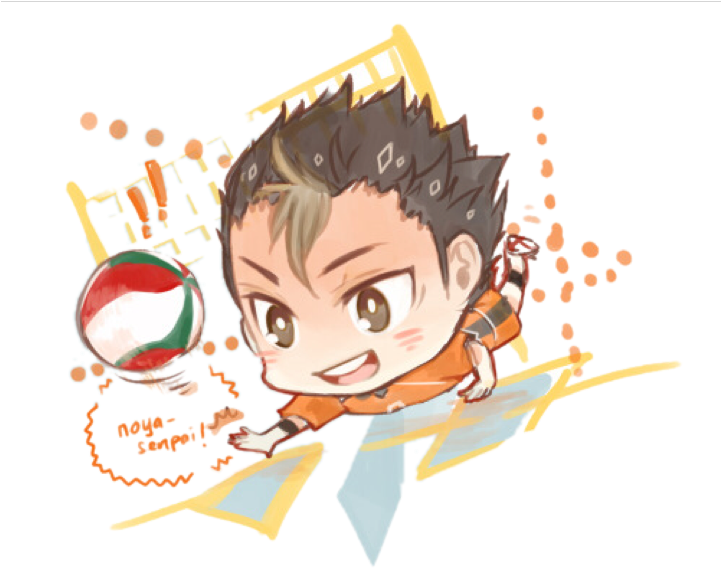 Q版排球選手 Haikyuu 壁紙 — 一個穿著橙色球衣的Q版動畫男孩跳起扣殺紅白綠色的排球，帶有動態動作線條。