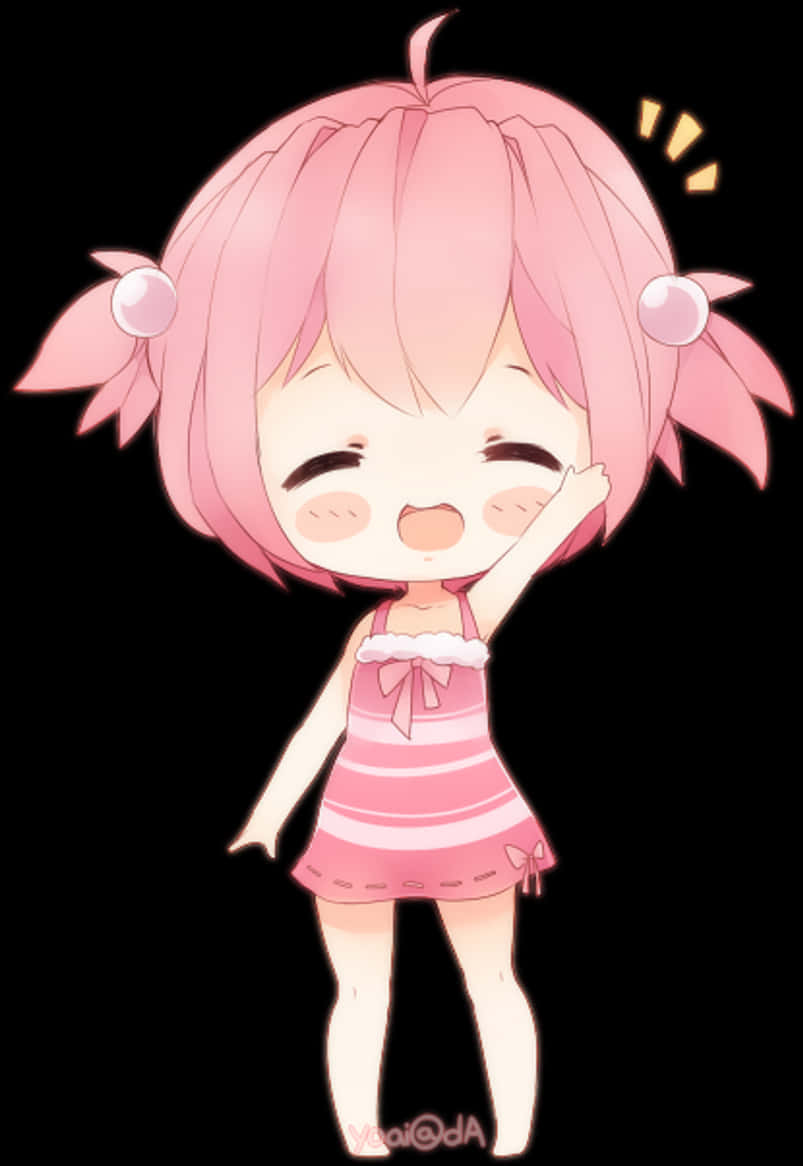 粉髮眨眼Q版角色 壁紙 — 一個開心的粉紅頭髮條紋裙chibi動漫女孩在黑色背景上快樂地揮手。