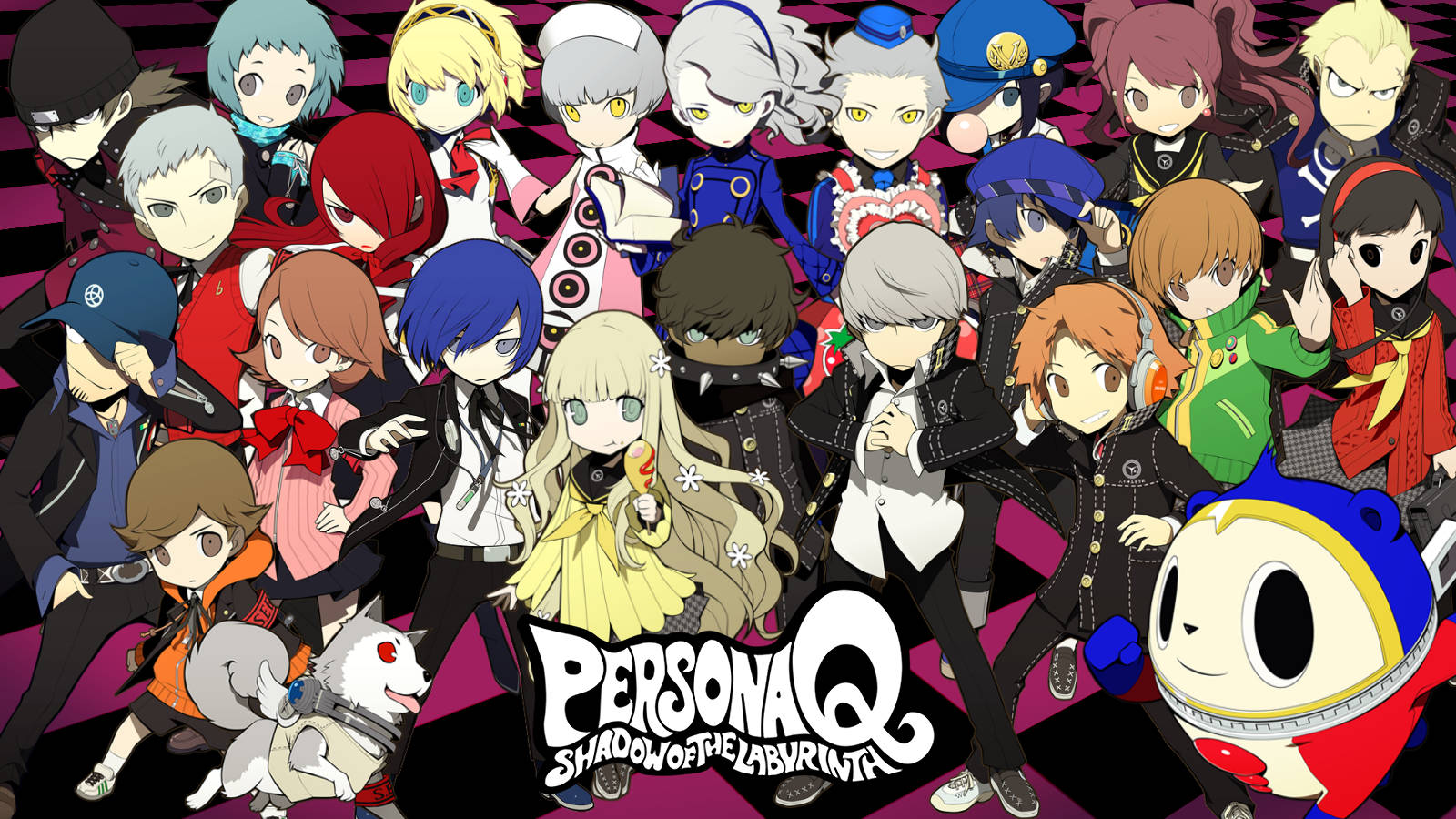 《女神異聞錄Q》遊戲封面藝術 壁紙 — 一幅充滿活力的動畫群像，Persona Q 角色在醒目的粉紅和黑色格子背景前擺姿勢。