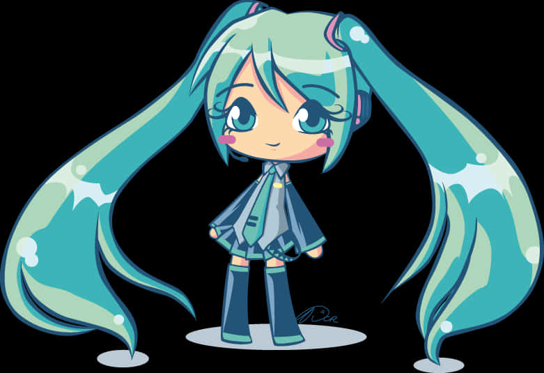 Q版初音未來向量藝術 壁紙 — 一個長著青色雙馬尾、戴著耳機的Q版動漫女孩在黑色背景前微笑站立。