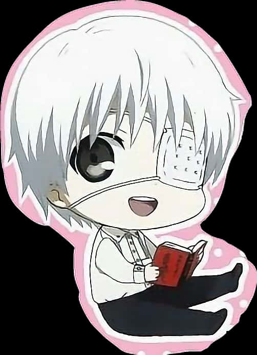 Q版 Kaneki 閱讀書本貼紙 壁紙 — 白髮戴眼罩的Q版動漫男孩在粉紅泡泡背景前讀紅書。