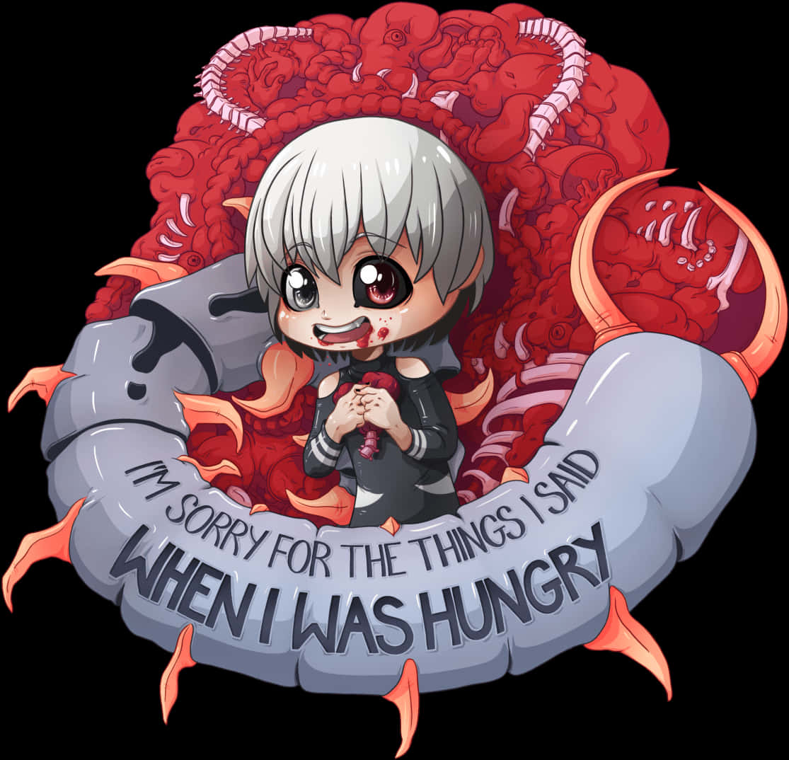 Q版 Kaneki 飢餓道歉 壁紙 — 一個白髮紅眼嘅Q版動漫角色坐喺一個怪異嘅紅色物體中間，舉住一個牌子為過去嘅飢餓道歉。