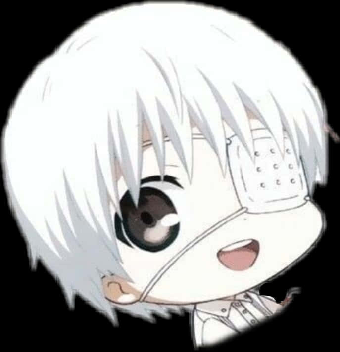 Q版 Kaneki 可愛表情 壁紙 — 白髮戴眼罩的Q版動漫角色在黑色背景上開心地微笑。