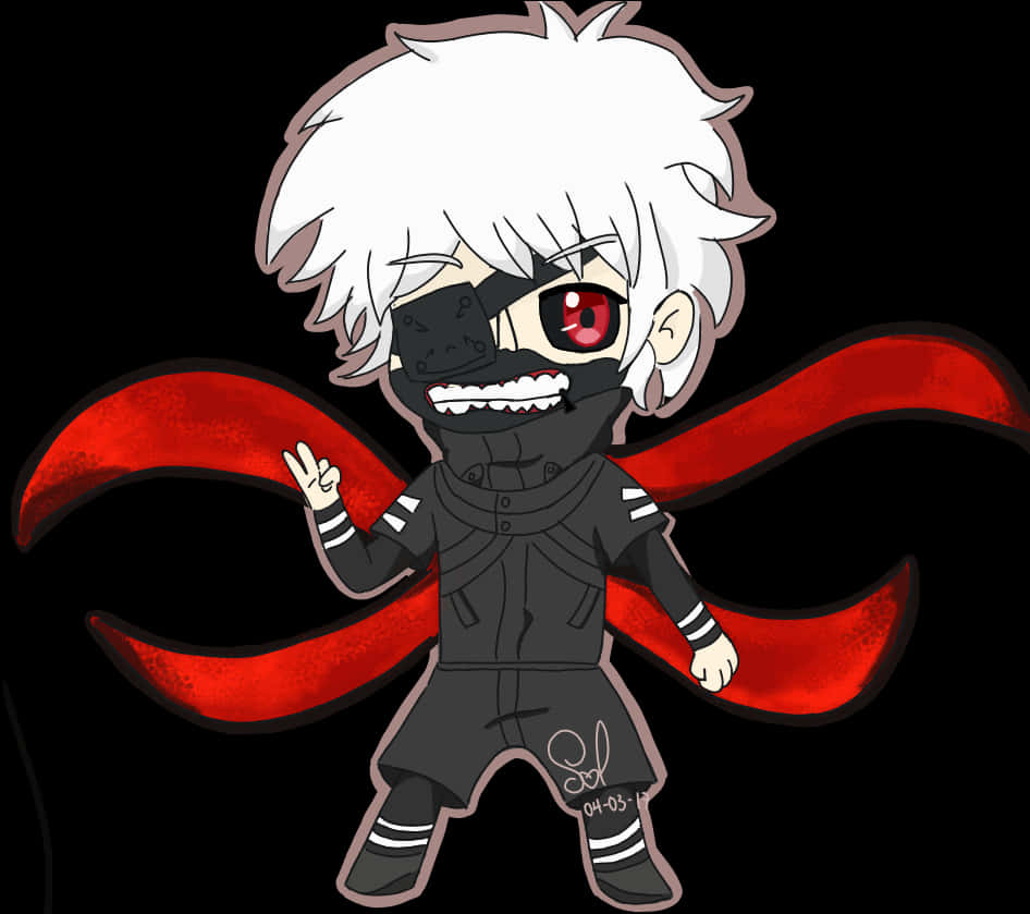 Q版 Kaneki 持 Kagune 壁紙 — 白髮紅眼黑面具的Q版動漫角色在黑色背景上揮動紅色披風。