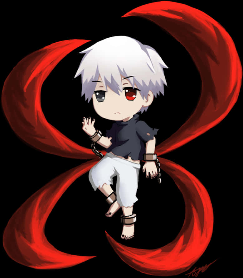 Q版 Kaneki 帶 Kagune 壁紙 — 白髮紅眼嘅Q版動漫男孩，喺黑色背景上被旋轉嘅紅色能量包圍。