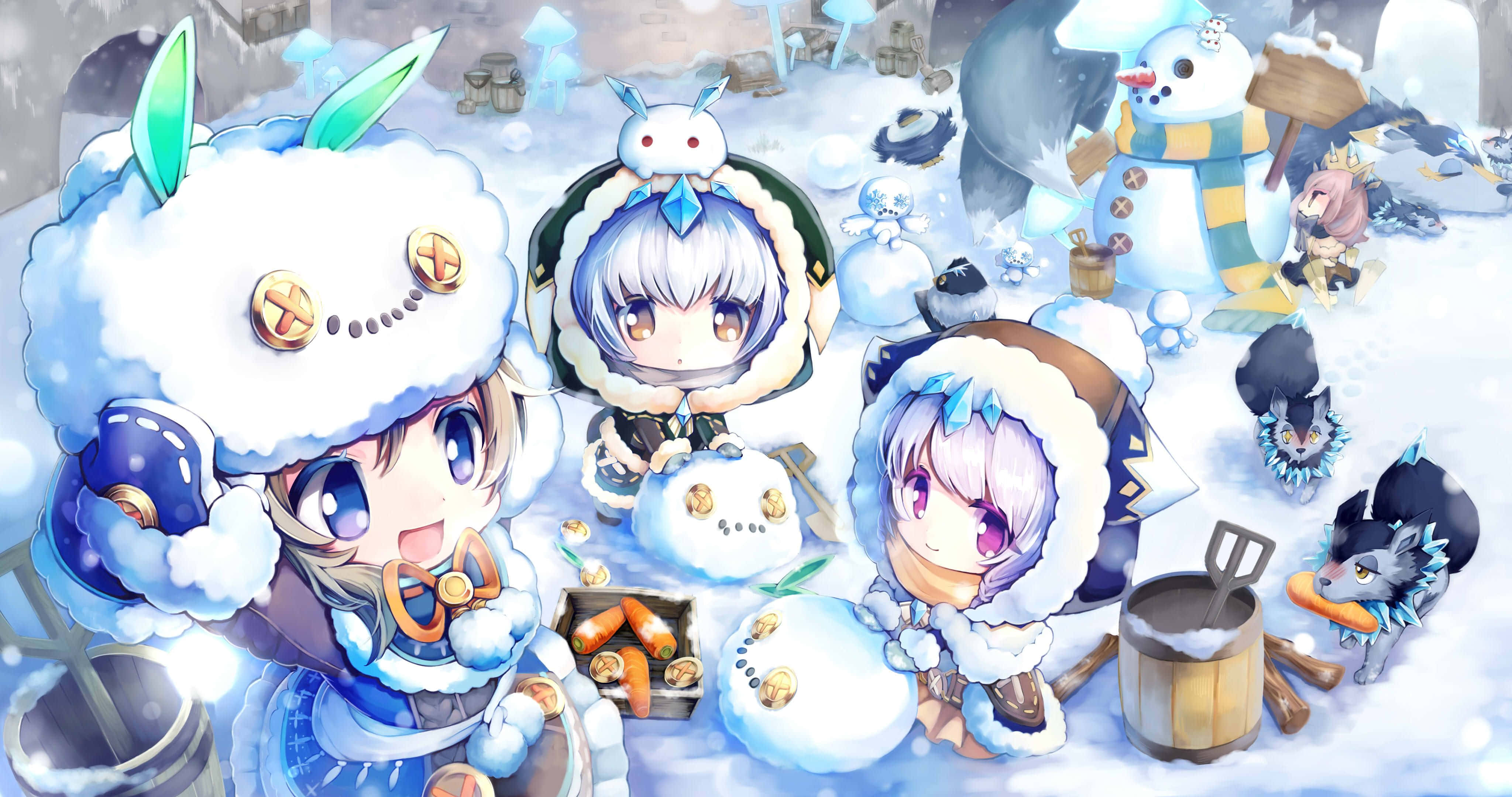 迷人Q版魔法！ 壁紙 — 三個穿著冬季服裝的Q版動漫角色在雪村中玩耍，堆雪人並享受胡蘿蔔。