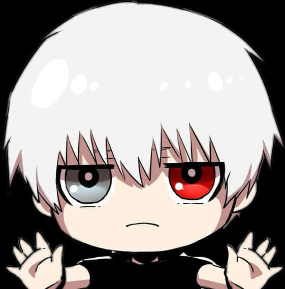 《東京喰種》Q版金木研單眼喰種 壁紙 — 白髮、異色瞳（一灰一紅）的Q版動漫角色，黑色背景。