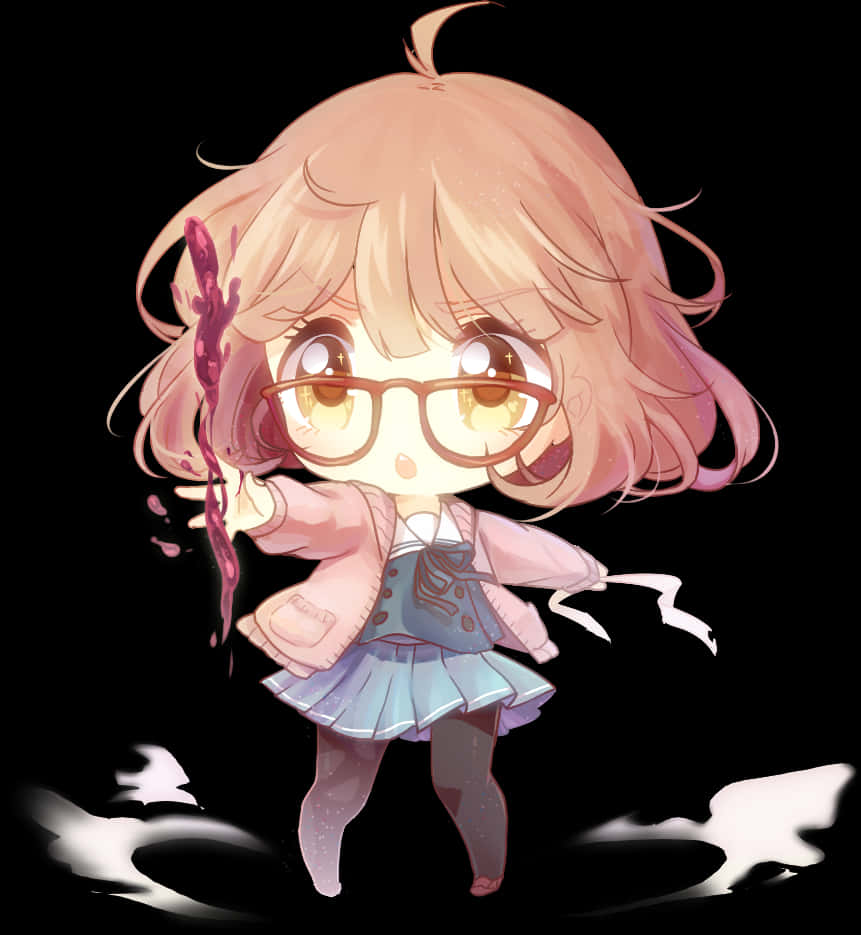 戴眼鏡粉髮Q版少女 壁紙 — 一個戴眼鏡、粉紅色頭髮的Q版動漫女孩，在黑色背景上帶有白色煙霧，手持發光的粉紅色法杖。