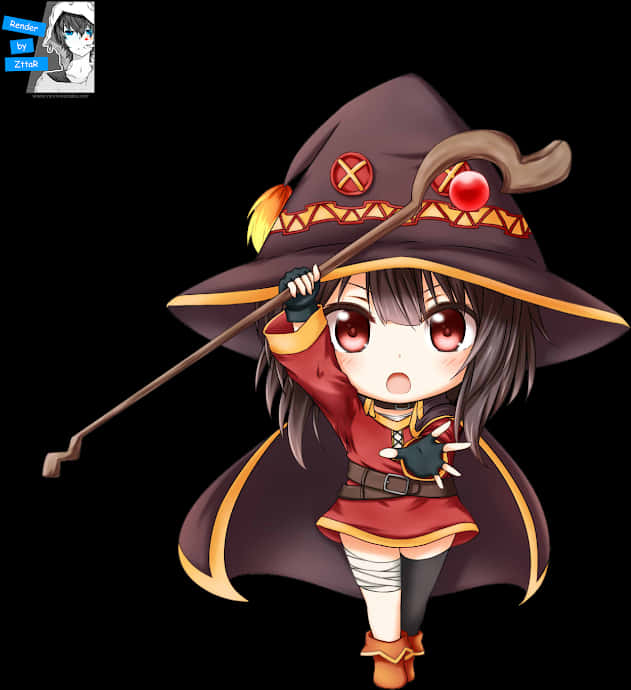 Q版梅格姆因魔法姿勢 壁紙 — 一個紅眼睛、戴寬邊帽子的Q版動漫女巫在黑色背景前拿著法杖。